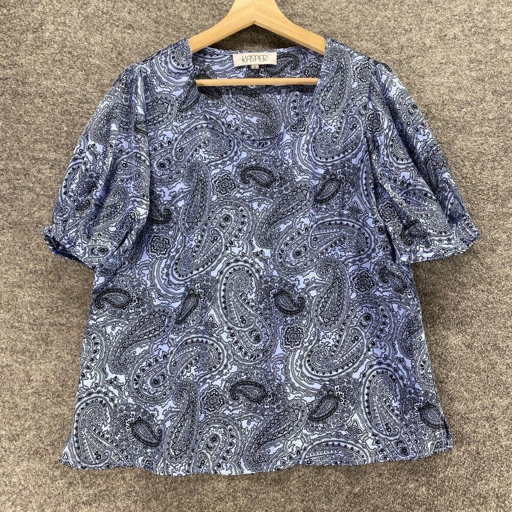 Kasper Blouse Women M Medium Blue Paisley Short Sleeve Round Neck Pullover